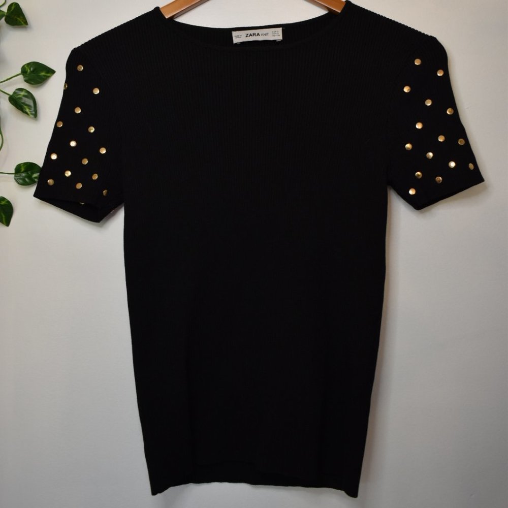 Zara Black Ribbed Top with Gold Accents